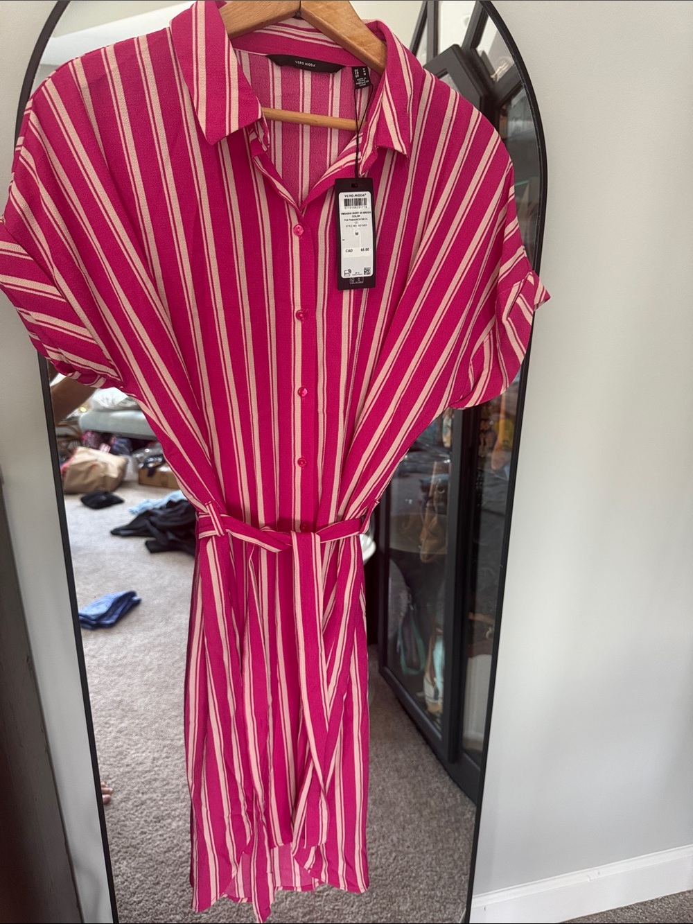 Vero Moda Pink and White Striped Midi Shirt Dress